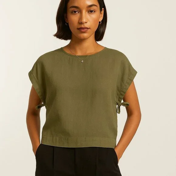 Everlane Linen Side Tie Top Olive Green Minimalist Capsule Wardrobe S - Picture 1 of 13